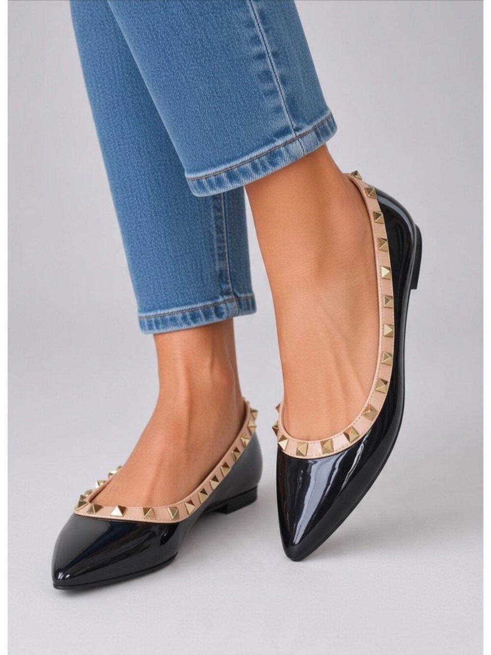 Black Patent Pointed Toe Ballet Flats with Gold Studded Trim